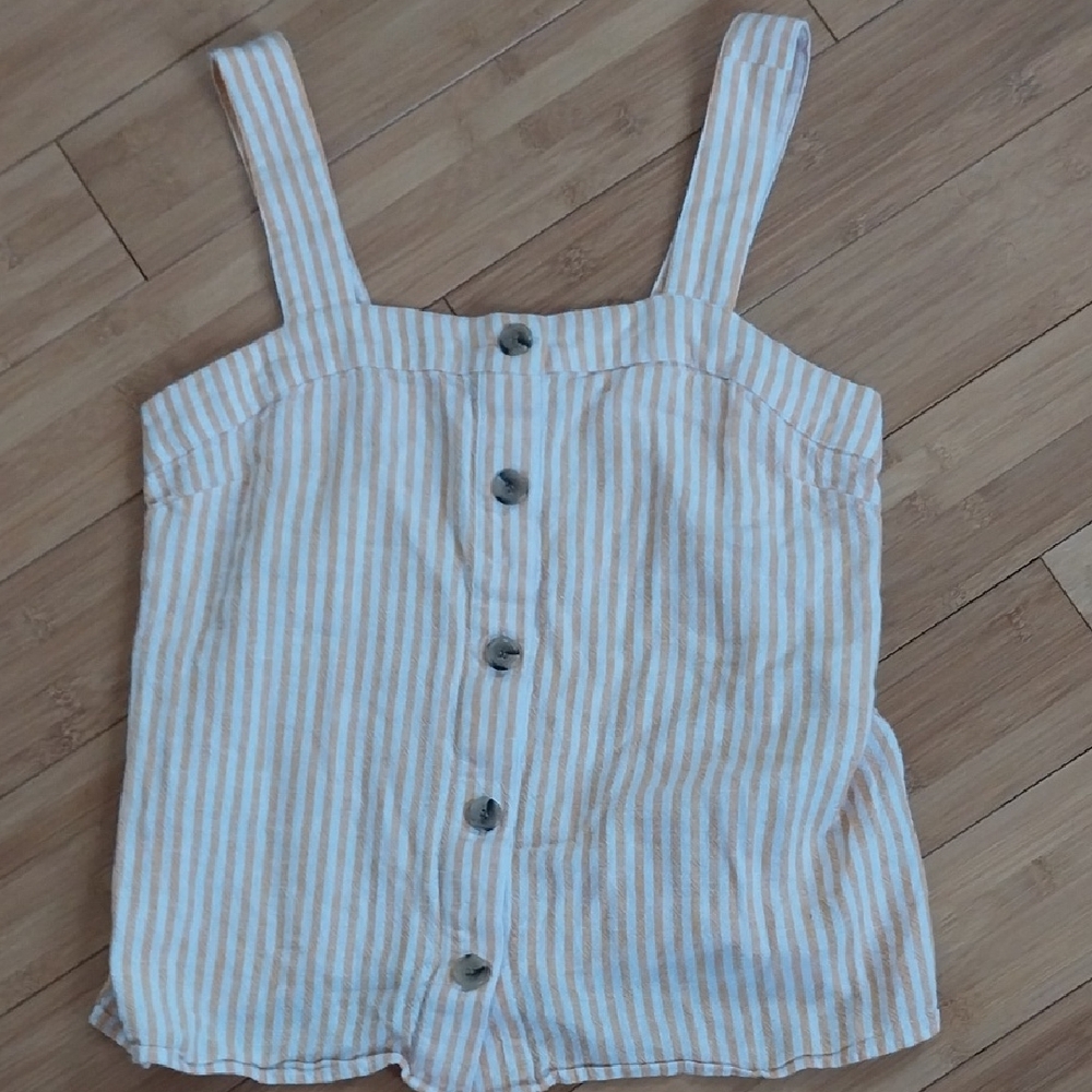 J. Crew Cream and Tan Striped Linen Blend Button-Front Tank